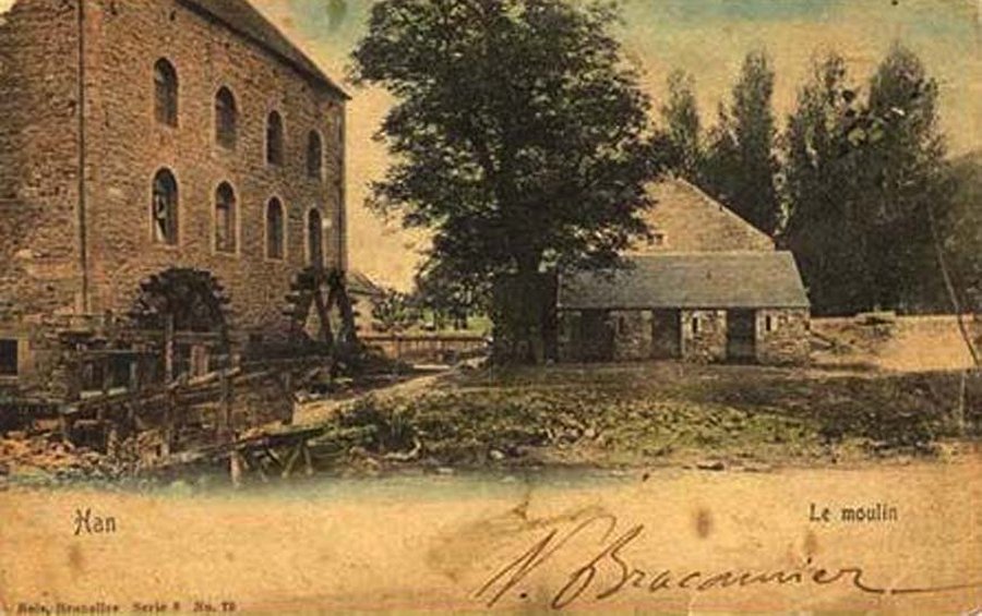 Foto van <p>Moulin de Han</p>, Han-sur-Lesse (Rochefort), Prentkaart 1912. Verzameling Ons Molenheem | Database Belgische molens