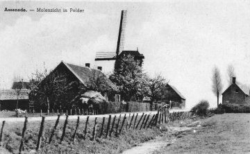 Foto 3 van Sint-Hubert, Sint-Hubertusmolen, Sint-Albrecht, Assenede, Prentkaart, drukker E. Beernaert, uitgever Richard Gilson, Assenede, 1946. Opschrift: Assenede - Molenzicht in Polder. Verzameling Ons Molenheem | Database Belgische molens Sint-Hubert, Sint-Hubertusmolen, Sint-Albrecht, Assenede, Prentkaart, drukker E. Beernaert, uitgever Richard Gilson, Assenede, 1946. Opschrift: Assenede - Molenzicht in Polder. Verzameling Ons Molenheem | Database Belgische molens