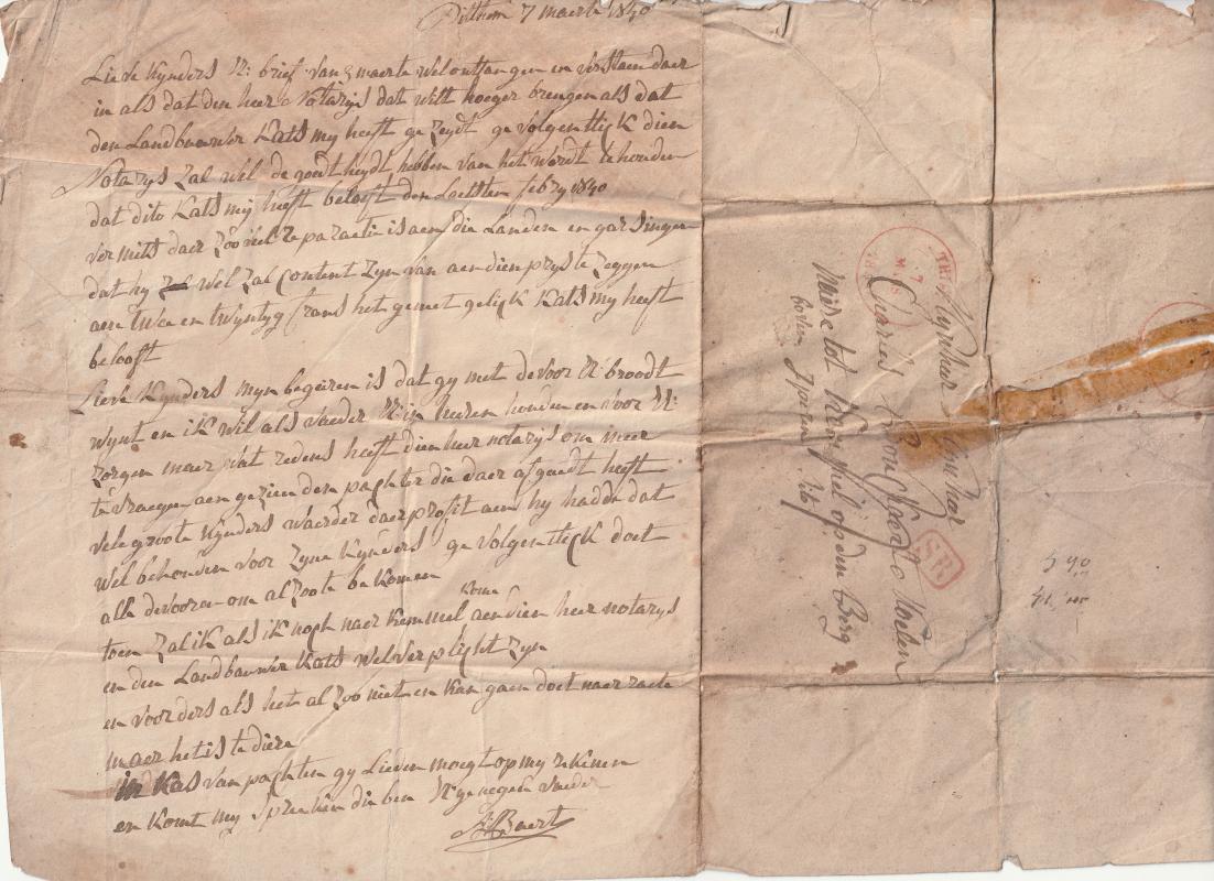 Foto 4 van Kemmelbergmolen, Kemmel (Heuvelland), Brief uit 1840, eigendom van Ghekiere Noël, brief dd 7 maart 1840 verstuurd door Augustus Baert, landbouwer uit Pittem aan zijn schoonzoon en dochter Carolus Ludovicus Bouckaert (°Rumbeke 21.01.1809, +Dranouter 23.02.1881) X Barbara Baert (°Pittem 04.12.1808, +Dranouter 24.12.1877). Geadresseerde Charles Bouckaert, zoon van de molenaarsfamilie Ludovicus Bouckaert X (Ieper 28.08.1839) met Catharina Verraes uit Rumbeke was dus al begin 1840 molenaar te Kemmel op den berg!!! Volgens de overlijdensakte van hun dochter Coralia (+Ledegem 20 juni 1843) waren haar ouders toen molenaar te Kemmel. Op de site molenecho's lees ik dat het echtpaar eigenaar wordt van de molen in sept 1859 en volgens de erfenisaangifte 1879, de kinderen eigenaar of mede-eigenaar worden van deze molen na het overlijden van hun moeder Barbara Baert in december 1877. | Database Belgische molens Kemmelbergmolen, Kemmel (Heuvelland), Brief uit 1840, eigendom van Ghekiere Noël, brief dd 7 maart 1840 verstuurd door Augustus Baert, landbouwer uit Pittem aan zijn schoonzoon en dochter Carolus Ludovicus Bouckaert (°Rumbeke 21.01.1809, +Dranouter 23.02.1881) X Barbara Baert (°Pittem 04.12.1808, +Dranouter 24.12.1877). Geadresseerde Charles Bouckaert, zoon van de molenaarsfamilie Ludovicus Bouckaert X (Ieper 28.08.1839) met Catharina Verraes uit Rumbeke was dus al begin 1840 molenaar te Kemmel op den berg!!! Volgens de overlijdensakte van hun dochter Coralia (+Ledegem 20 juni 1843) waren haar ouders toen molenaar te Kemmel. Op de site molenecho's lees ik dat het echtpaar eigenaar wordt van de molen in sept 1859 en volgens de erfenisaangifte 1879, de kinderen eigenaar of mede-eigenaar worden van deze molen na het overlijden van hun moeder Barbara Baert in december 1877. | Database Belgische molens